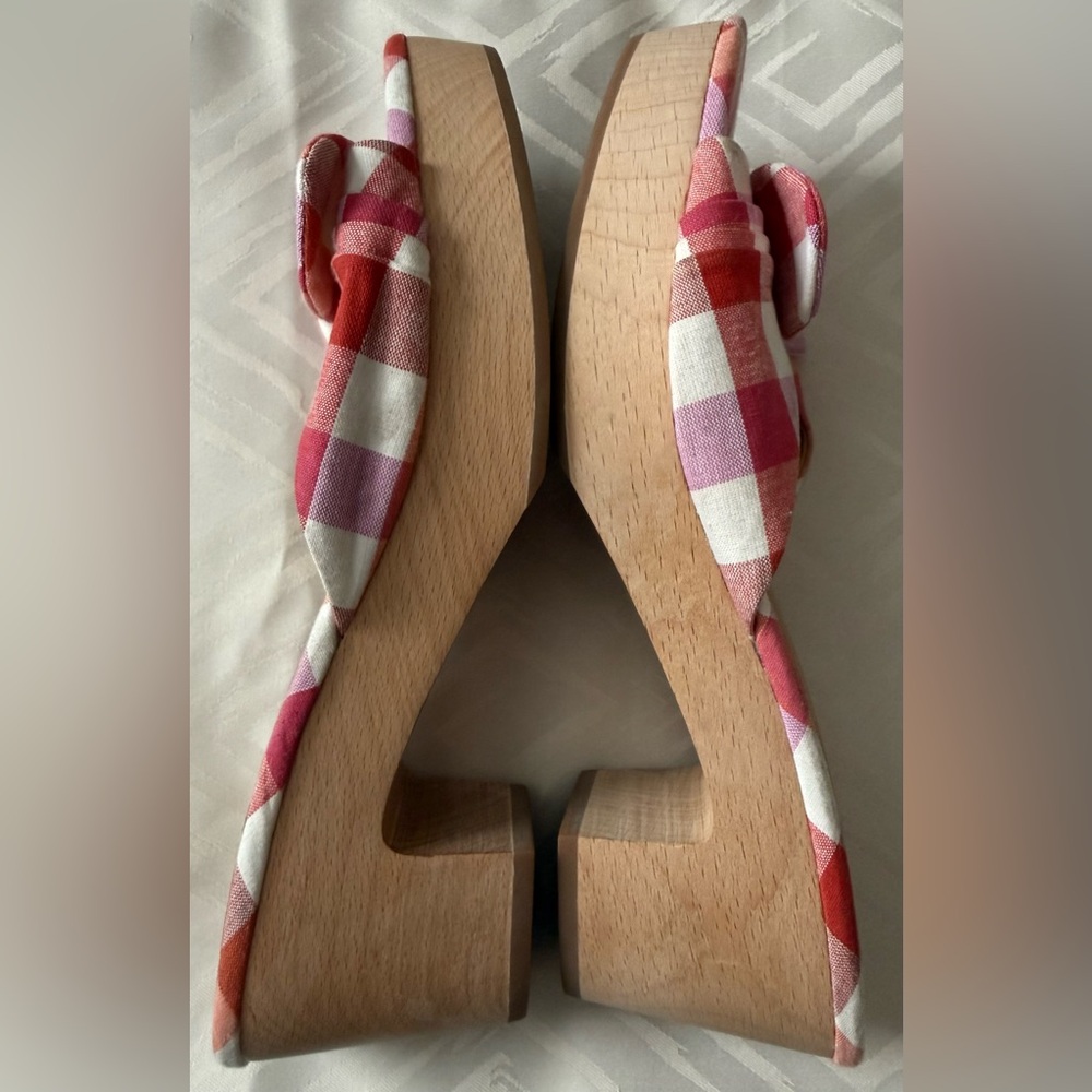 J. Crew Bow Pink and Red Plaid Mules Size 8.5 Wooden Slip On - Picture 7 of 8